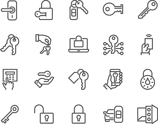 Line Keys and Locks Icons Simple Set of Keys and Locks Related Vector Line Icons. Contains such Icons as Car Keys, Electronic opener, Pin Pad and more. Editable Stroke. 48x48 Pixel Perfect. electronics industry illustrations stock illustrations