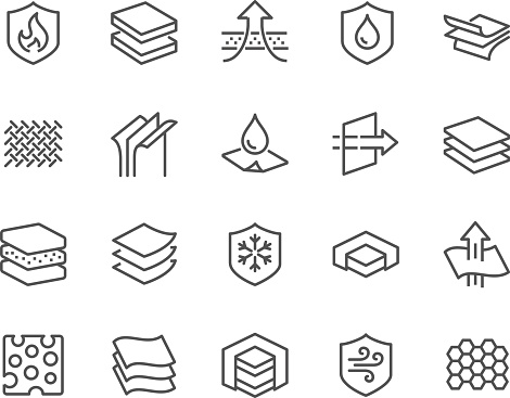 Simple Set of Layered Material Related Vector Line Icons. Contains such Icons as Waterproof, Wind Protection, Fabric Layers and more. Editable Stroke. 48x48 Pixel Perfect.