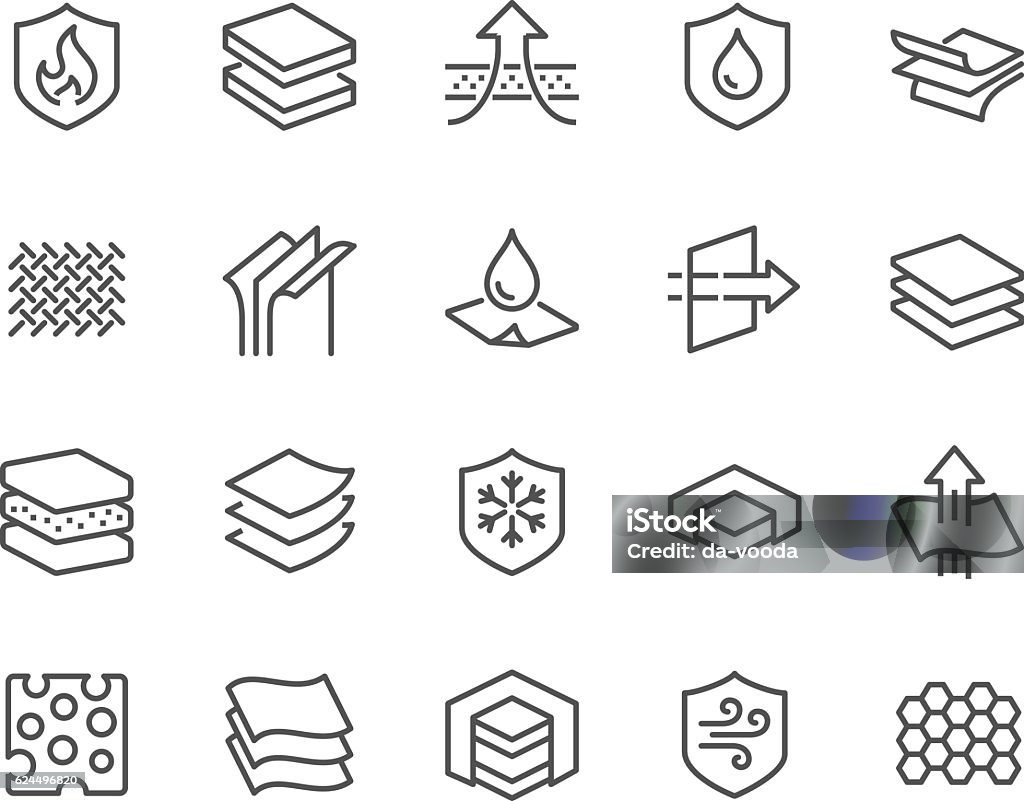 Line Layered Material Icons Simple Set of Layered Material Related Vector Line Icons. Contains such Icons as Waterproof, Wind Protection, Fabric Layers and more. Editable Stroke. 48x48 Pixel Perfect. Icon Symbol stock vector