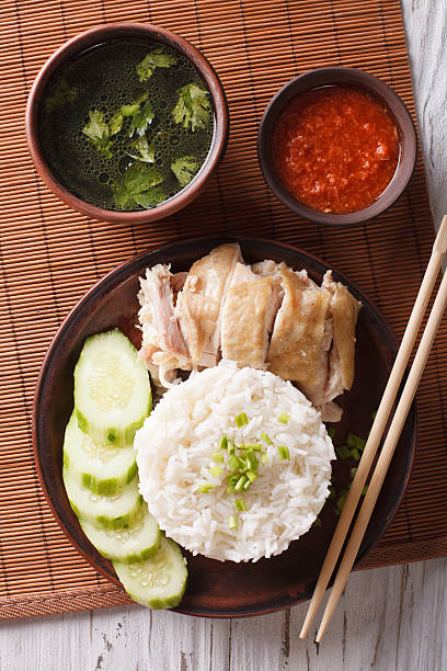 istock Hainanese chicken rice closeup on a plate. Vertical top view 624497172
