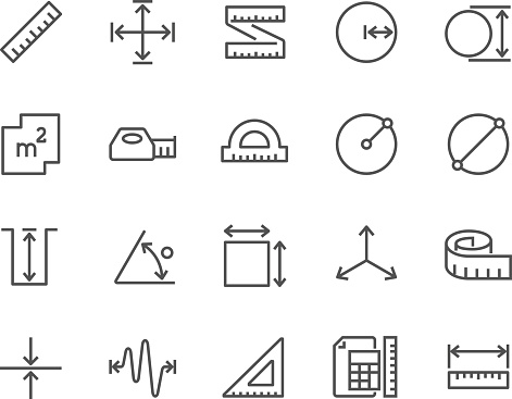 Simple Set of Measure Related Vector Line Icons. Contains such Icons as Radius, Diameter, Depth, Axis, Area and more. Editable Stroke. 48x48 Pixel Perfect.