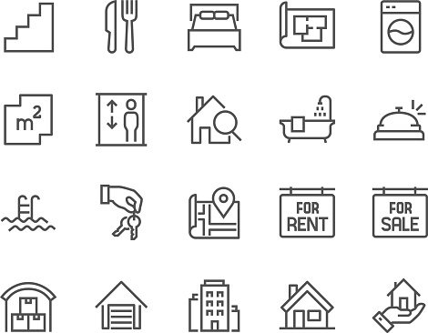 Simple Set of Real Estate Related Vector Line Icons. Contains such Icons as Map, Plan, Bedrooms, Area, Bell and more. Editable Stroke. 48x48 Pixel Perfect.