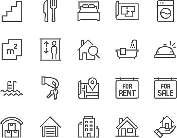 Line Real Estate Icons Simple Set of Real Estate Related Vector Line Icons. Contains such Icons as Map, Plan, Bedrooms, Area, Bell and more. Editable Stroke. 48x48 Pixel Perfect. bedroom stock illustrations