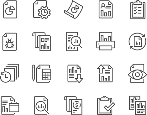 Simple Set of Report Related Vector Line Icons. Contains such Icons as Auto Reports, Calculation, Settings, Generate and more. Editable Stroke. 48x48 Pixel Perfect.