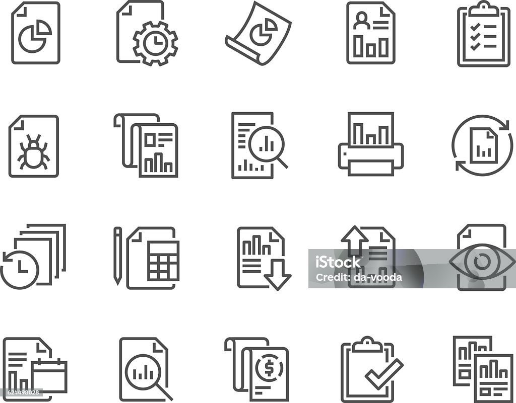 Line Report Icons Simple Set of Report Related Vector Line Icons. Contains such Icons as Auto Reports, Calculation, Settings, Generate and more. Editable Stroke. 48x48 Pixel Perfect. Icon Symbol stock vector