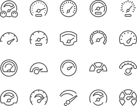 Simple Set of Speedometer Related Vector Line Icons. Contains such Icons as Car Speedometer, Odometer, Dashboard and more. Editable Stroke. 48x48 Pixel Perfect.