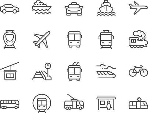 Simple Set of Public Transport Related Vector Line Icons. Contains such Icons as Taxi, Train, Tram and more. Editable Stroke. 48x48 Pixel Perfect.