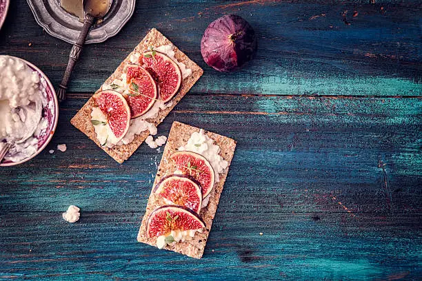 Crispbread with Cottage Cheese, Figs and Sweet Honey Served on a Table