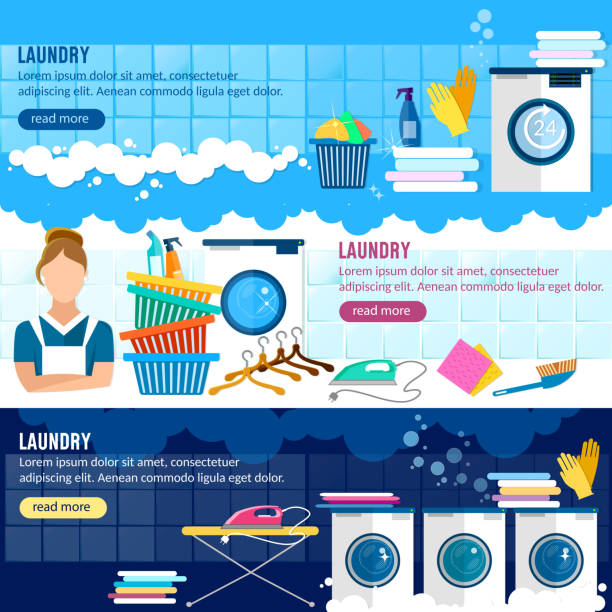 ilustrações de stock, clip art, desenhos animados e ícones de laundry service banner, laundry room - descida dos cestos