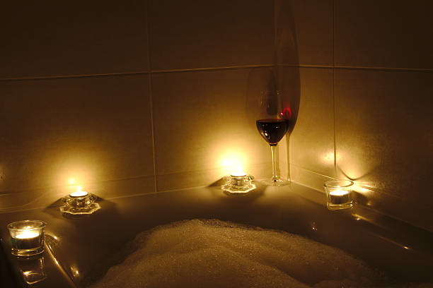 istock Romantic bath with wine glass, relax time 624510920