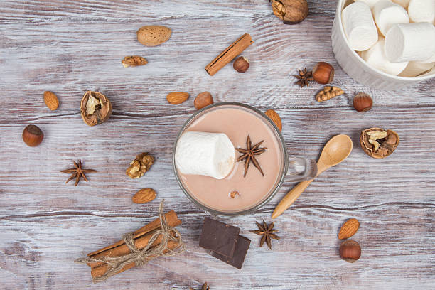 istock Hot chocolate with marshmallow and nuts. Top view 624512094