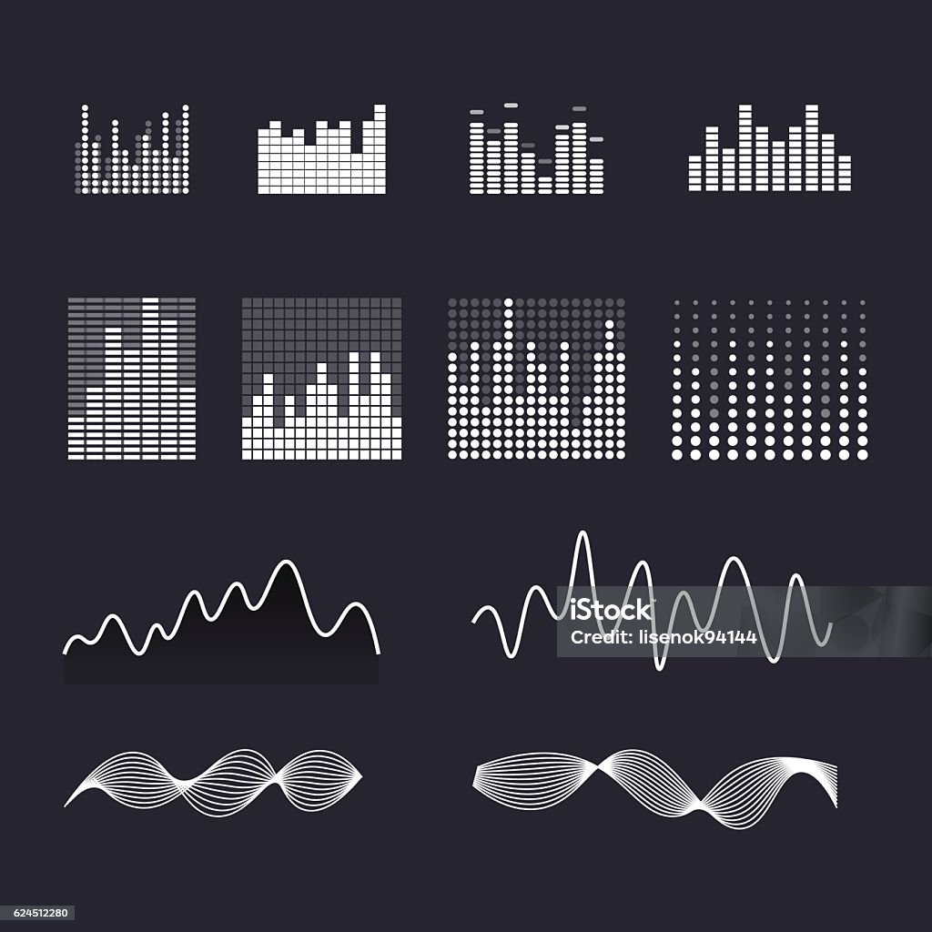 Set colorful ui ux music equalizer sound waves. Set colorful ui ux music equalizer sound waves. Audio electronic bar. Music waves logo. Dj vector illustration. Black and white light audio signal. Meter - Instrument of Measurement stock vector