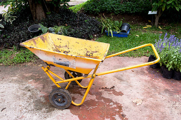 istock Yellow wheel barrow in the garden 624513106