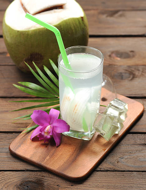 istock Fresh Coconut Water Drink on wood 624528864