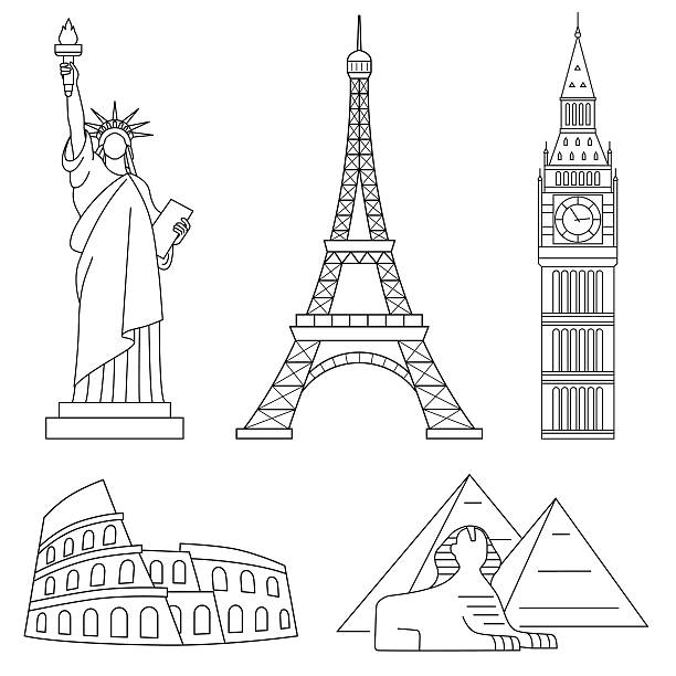 illustrazioni stock, clip art, cartoni animati e icone di tendenza di punti di riferimento del mondo. set di icone di linea vettoriale. - statue of liberty