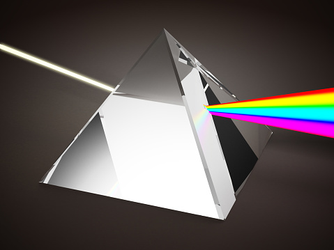 Crystal prism dividing white light into rainbow color tones.