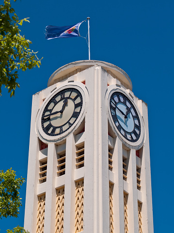 White art deco clock tower in the town of hastings New Zealand