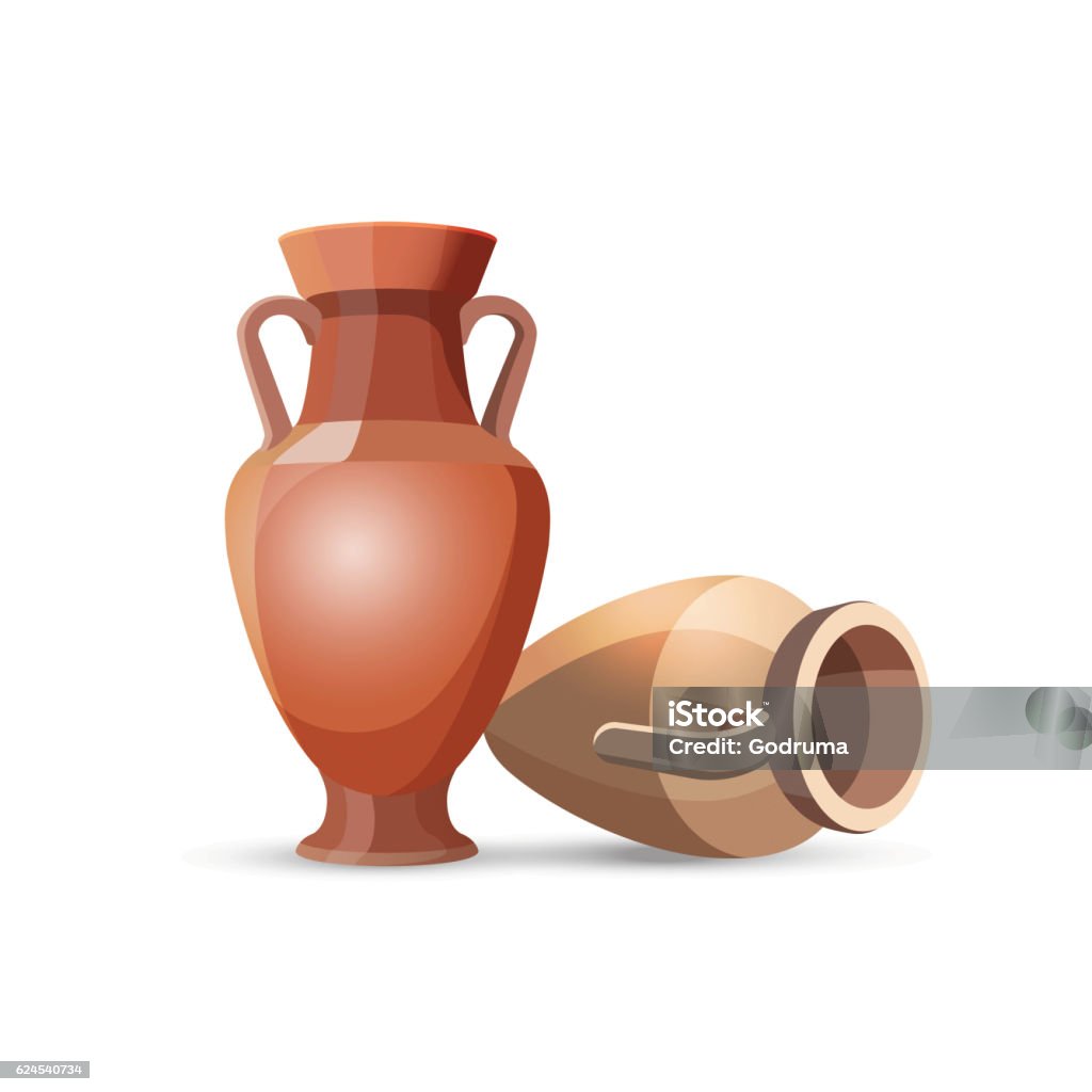 Amphora Vases Isolated. Clay Jars Egyptian Style Amphora vase set isolated on white. Dark clay vases, one lies the floor. Two clay jars Egyptian style. Old traditional vintage pot. Ancient decorative element. Ceramics accessory. Greek style. Vector Amphora stock vector