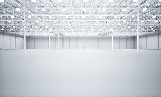 limpa white depósito vazio 3d renderização - warehouse factory diminishing perspective vanishing point - fotografias e filmes do acervo