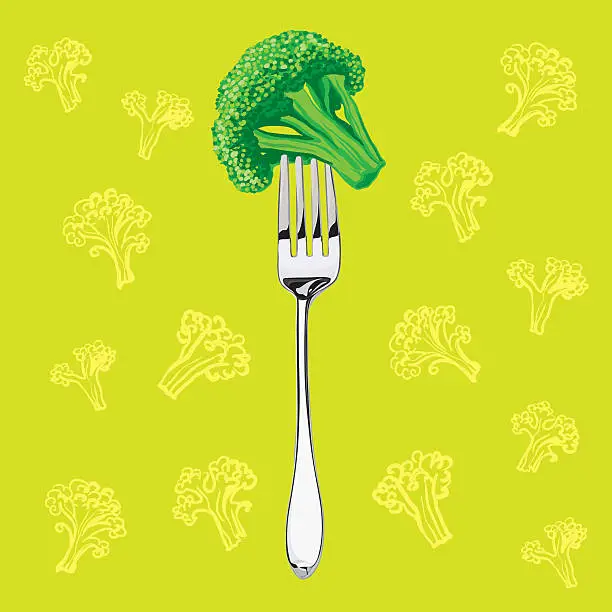 Vector illustration of green broccoli on a metal fork