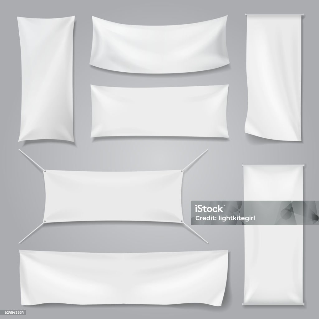 White textile advertising banners with folds template set. White textile advertising banners with folds template set. Blank mock up cotton flag, Vector illustration Hanging stock vector