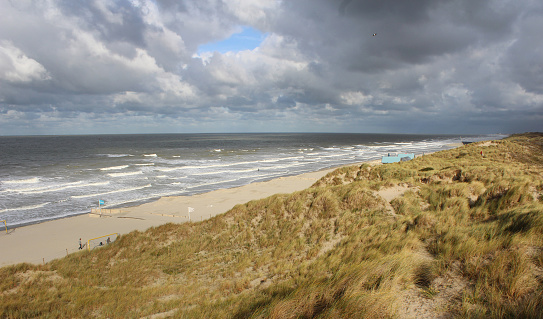 A view of the windswept Belgian coastline near Oostende, on a stormy day in the winter.