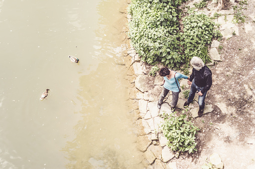 Senior couple looking at ducks swimming in Neckar river, Tübingen, Germany