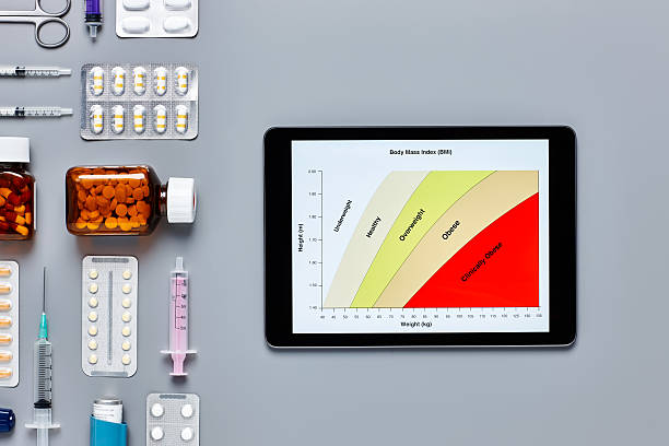 istock Digital tablet displaying body mass index by various medical equipment 624545632