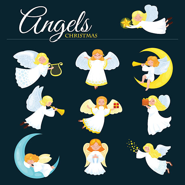 stockillustraties, clipart, cartoons en iconen met christmas holiday set of flying angel with wings and gifts - kerstengel