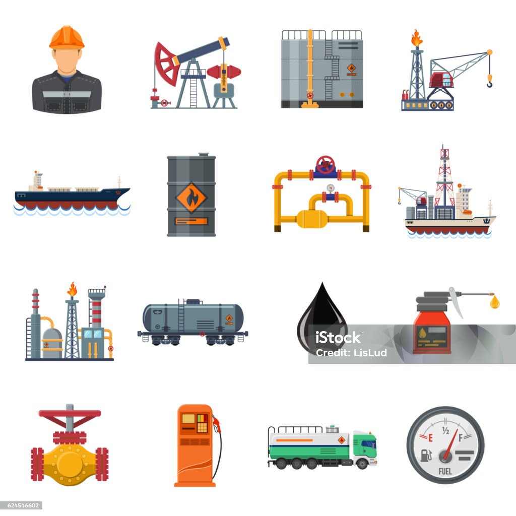 Öl Industrie Set mit flachen Symbolen - Lizenzfrei Erdgas Vektorgrafik