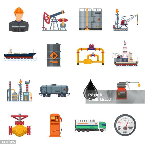 Öl Industrie Set Mit Flachen Symbolen Stock Vektor Art und mehr Bilder von Erdgas - Erdgas, Erdöl, Benzin