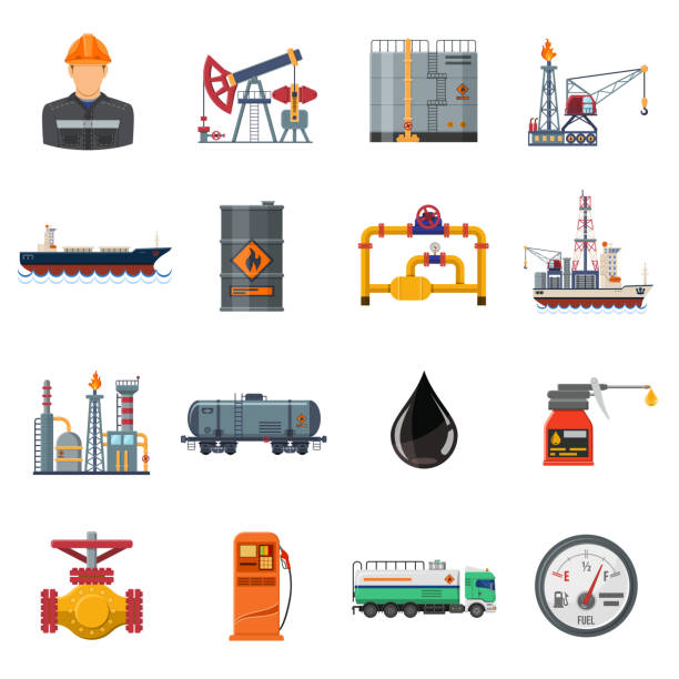 Oil industry Flat Icons Set Oil industry extraction production and transportation oil and petrol Flat Icons Set with oilman, rig and barrels. Isolated vector illustration. oil supply stock illustrations