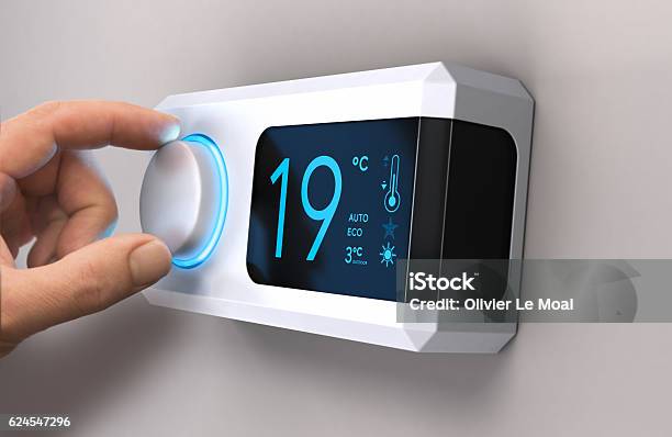 Save Energy Reducing Electricity Use Stock Photo - Download Image Now - Thermostat, Heat - Temperature, Home Heating