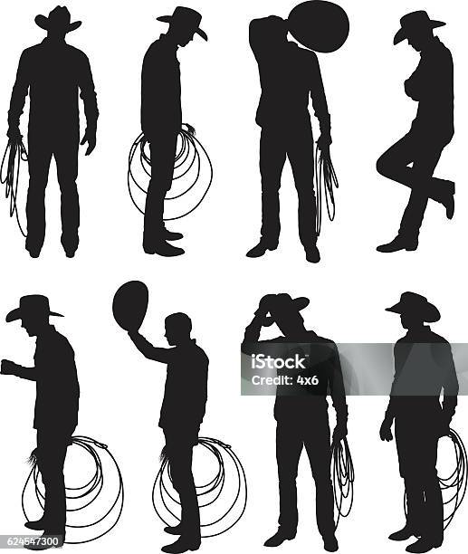 Cowboy In Various Action Stock Illustration - Download Image Now - Cowboy, Leaning, In Silhouette