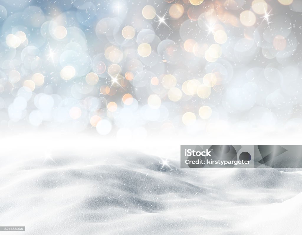 3D snowy landscape 3D render of a snowy landscape against a bokeh lights background Backgrounds Stock Photo