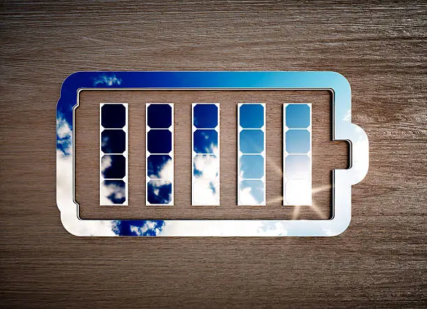 Renewable energy storage sign on dark wooden desk. 3d illustration.