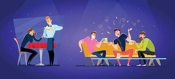 Vector flat restaurant people illustration. Vector flat restaurant people illustration. Cartoon style. Funny happy men at cafe table, sofa. Guy company sitting in restaurant. Evening party. Waiter, cheerful boys characters. indoors bar restaurant sofa stock illustrations