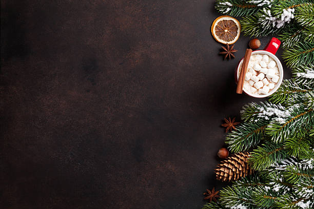 istock Christmas fir tree, hot chocolate and marshmallow 624592500