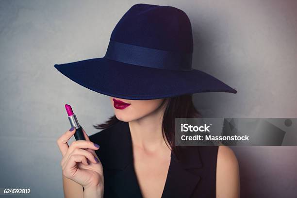 Woman In Hat With Lipstick Stock Photo - Download Image Now - Diva - Human Role, Hat, Adult