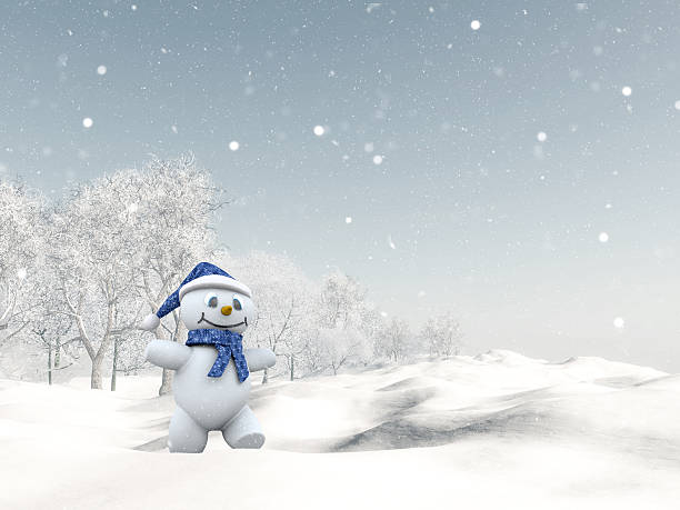 istock 3D cute snowman in winter landscape 624592842