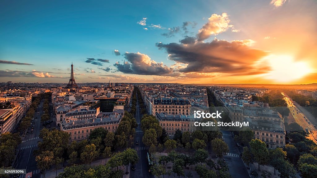 Sunset over Paris and the Eiffel tower Paris viewed from the Arc de Triomphe  Paris - France Stock Photo