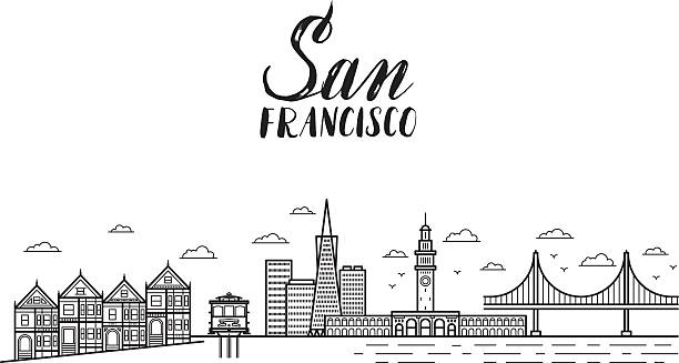 illustrazioni stock, clip art, cartoni animati e icone di tendenza di illustrazione di san francisco con scritte moderne, edifici della città - silicon valley