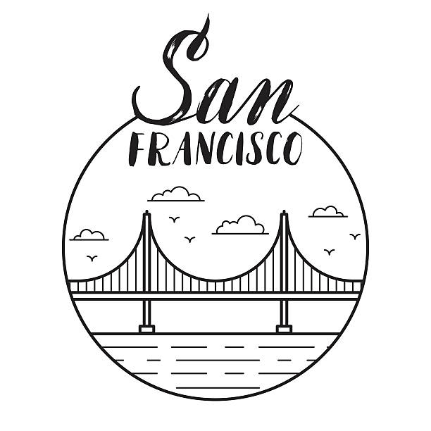 San Francisco illustration with modern lettering and Golden Gate San Francisco illustration with modern lettering silicon valley stock illustrations