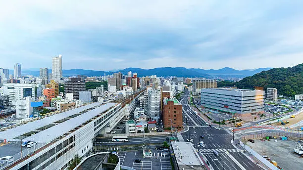 Cityscape of Hiroshima viewing train station, business center and skyscrapers , Japan