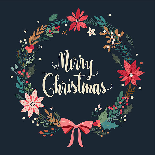 ilustrações de stock, clip art, desenhos animados e ícones de christmas floral wreath - wreath christmas bow holiday