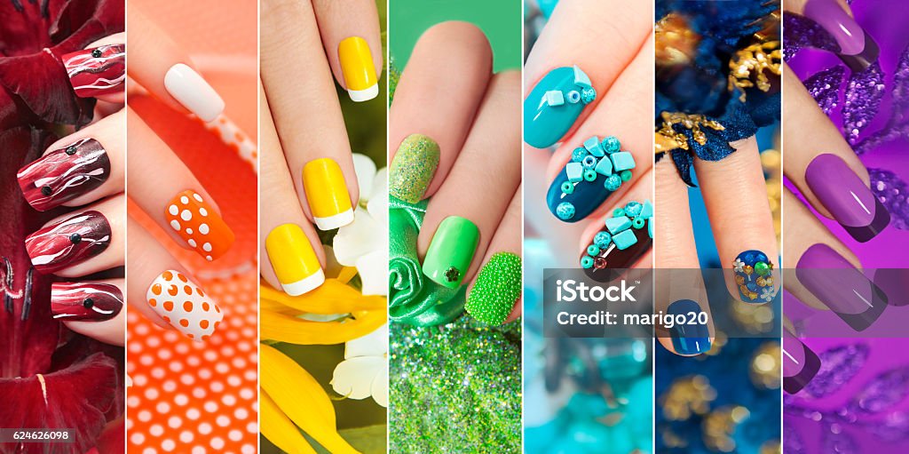 Collection of nail design . Rainbow collection of nail design on female hand. Nail Art Stock Photo