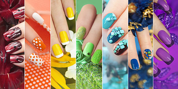 Collection of nail design . Rainbow collection of nail design on female hand. summer nails stock pictures, royalty-free photos & images