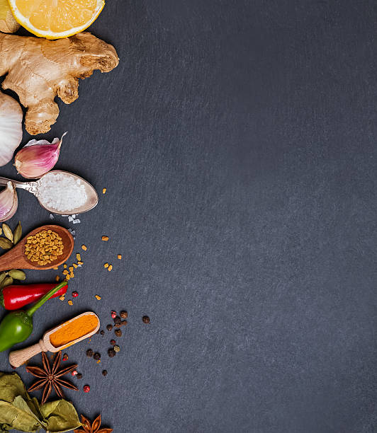 istock Fresh and dry spices on the black 624626386