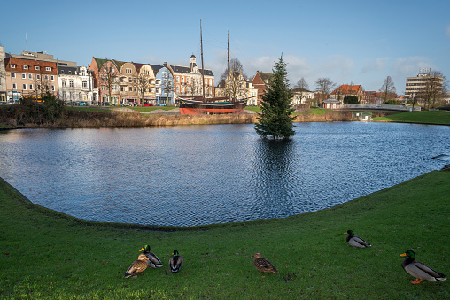 Cuxhaven old harbor town lake with xmas tree