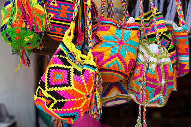 Wayuu handcrafted mochilas bags for sale in Guatape market stock photo